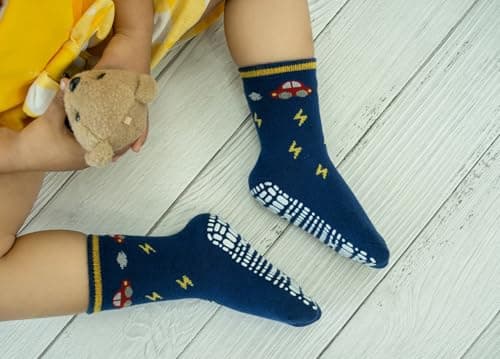 RATIVE Non Skid Anti Slip Cotton Crew Baby Babies Toddler Toddlers Socks for Boy Boys 2T 3T 2T-3T 12-24 12-18 Months With Grip Grippers (1-3T,RB-71112) — view 2