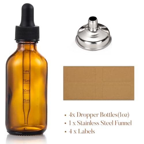 4 Pack 1 oz Glass Dropper Bottles with Measured Dropper - 30ml Dark Amber Tincture Bottles with Graduated Calibrated Glass Eye Droppers (1ml) for Essential Oils, Liquids - Leakproof Travel Bottles — view 2