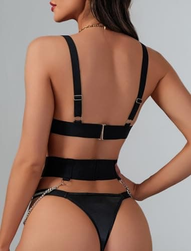 Alrovetoney Sexy Lingerie for Women Lingerie Set with Garter Belt 5 Pieces Strappy Bra and Panty Set Adjustable Latex Black Small — view 4