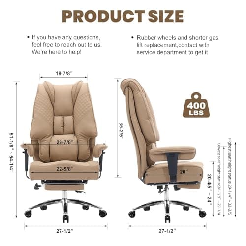 EXCEBET Big and Tall Office Chair 400lbs Wide Seat, Leather High Back Executive Office Chair with Foot Rest, Ergonomic Chairs Lumbar Support for Lower Back Pain Relief, All-Day Comfort (Brown)
