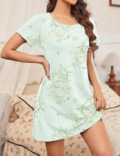 Ekouaer Nightgowns for Women Cotton Sleepshirts Short Sleeve Nightshirt Tshirt Night Gown Casual Sleepdress Comfy Nightdress Light Green Floral X-Large — view 3