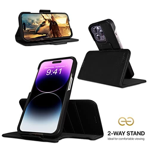 Dreem Wallet Case for iPhone 14 Pro Max, 2 Way Phone Stand, Magnetic Detachable Vegan Leather Flip Cover RFID Blocking Card Holder, MagSafe-Fit, Gift Box [Fibonacci: Black] — view 2