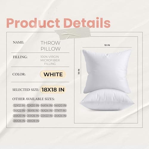 Utopia Bedding 18x18 Pillow Inserts, Set of 2, White – Indoor Decorative Throw Pillows for Bed, Sofa & Couch – Soft, Supportive & Fluffy Cushion Inserts — view 8