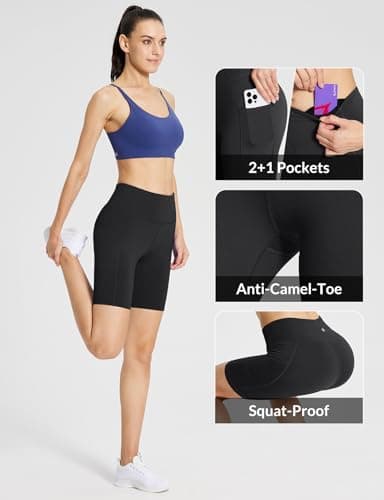 baleaf Women's High Waist Biker Shorts Tummy Control Spandex Shorts with 3 Pockets for Yoga Running Workout Compression 8" Black L — view 3