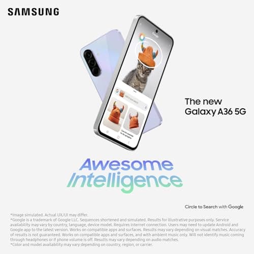 Samsung Galaxy A36 (Unlocked, CAD Version & Warranty) - Black, 256GB, 6.7" Super AMOLED FHD+ Display, Awesome Intelligence, 8GB RAM, 4K@30fps Video, 5000 mAh Battery