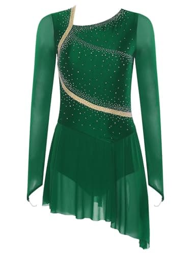 TSSOE Women Figure Skating Dress Long Sleeve Shiny Rhinestone Ice Skating Dress Ballet Dancewear Green Small — view 2