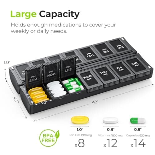 AUVON Innovative Foldable Weekly Pill Organizer Morning Evening with Large Capacity, Pill Case 7 Day AM PM with Dual Protection, User-Friendly Travel Pill Box for Medications, Fish Oils, Vitamins — view 2