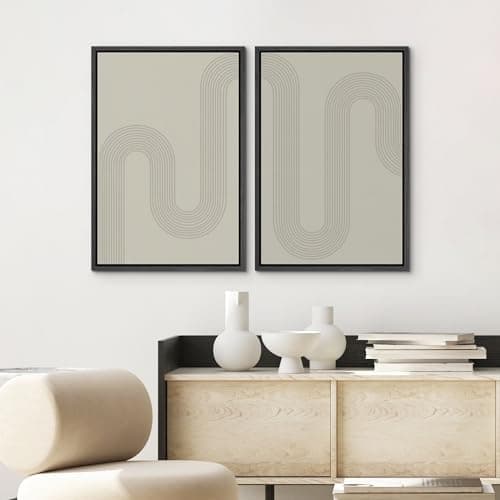 SIGNWIN Framed Canvas Print Wall Art Set Geometric Tan Pastel Color Field Landscape Abstract Shapes Cozy Neutral Modern Art Minimalism Decorative for Living Room, Bedroom, Office - 24"x36"x2 Black — view 2