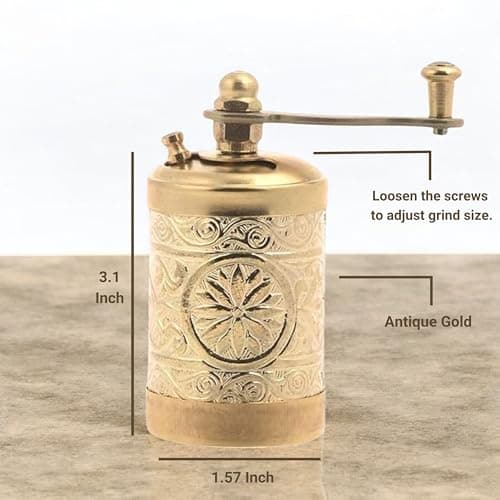 LaModaHome Vintage Mini Antique Copper Grinder for Salt and Pepper, Turkish, Greek, Arabic Coffee Beans, Spices, Herbs Mill, Manual Kitchen Accessories for Home, Restaurant, Farmhouse, Gift - Gold