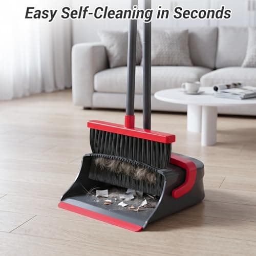 Zeawec Broom with Dustpan Combo Set, Long Handle Upright Standing Self-Cleaning Broom and Dustpan Set for Pet Hair & Dust Cleanup, Indoor Outdoor Use for Home, Kitchen, Office, Red & Gray — view 4