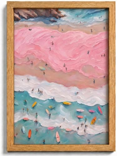 Framed Pink Girl Coastal Canvas Wall Art, Beach Surfers on Pastel Sand Painting Picture Wall Decor,Vibrant Ocean Poster Print Artwork,for Bedroom Bathroom Girls Room Home Decoration 8x10inch