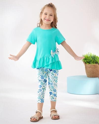 SOLOYEE Toddler Girl Clothes 2-7T Girls Outfit, Short Sleeve Ruffle Bowknot Top + Floral Capri Pants 2Pcs Spring Summer Set