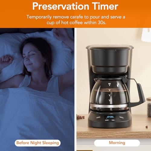 Electactic 5-Cup Drip Coffee Maker, a compact coffee machine with a digital clock and 24-hour programmable timer, featuring Auto Shut-Off, and a Removable Filter Basket for Home & Office-Deep Black — view 6