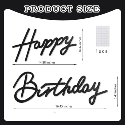 TONIFUL Happy Birthday Sign for Backdrop - Glitter Black Felt Banner - Includes Dot Glue - Perfect for Birthday Party Backdrop,Wall Decr,Balloon Arch,Photo Background