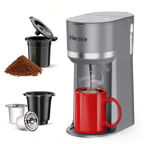 Horavie Mini Single Serve Coffee Maker for K Cup Pods and Grounds, Fast Brew One Cup Coffee Machine with Descaling Reminder and Water Window, 6 to 12 oz. Brew Sizes, Gray