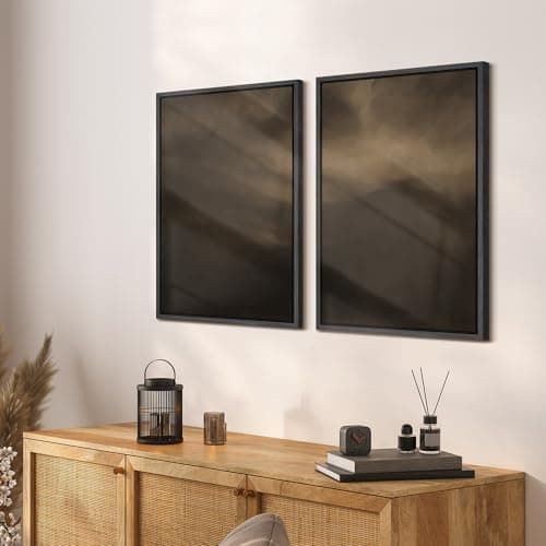 SIGNFORD Framed Canvas Print Wall Art Set Moody Misty Landscape Soft Brown and Gray Hues Illustration Modern Art Decorative Nordic Nature for Living Room, Bedroom, Office - 24"x36"x2 Black — view 2