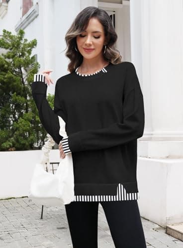 Disamer Womens Sweaters Fall Clothes Fashion 2026 Cowboy Chic Knit Cozy Sweater School Teacher Outfits Long Sleeve Pullover,Striped Black,Medium — view 5
