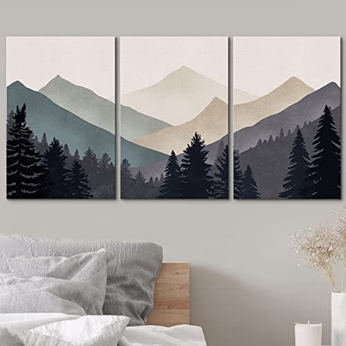 wall26 Canvas Print Wall Art Set Blue Gray Duotone Mountain Forest Abstract Nature Illustrations Modern Art Nordic Decorative Wilderness Zen Minimal Boho for Living Room, Bedroom, Office - 16"x24"x3 — view 2