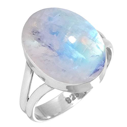 JEWELOPORIUM White Moonstone Silver Ring Size 8, 925 Sterling Silver Ring for Women, Genuine Chunky Oval Gemstone Boho Jewelry