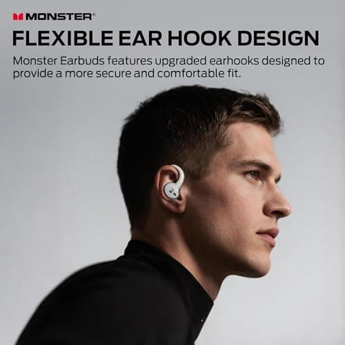 Monster N-Lite 216 Wireless Earbuds, Sports Ear Buds with Earhooks, ENC Noise Cancelling Mic,IPX6 Waterproof. Bluetooth 6.0 Headphones Stereo Bass Ear Buds 48H Playtime with LED Display White — view 5