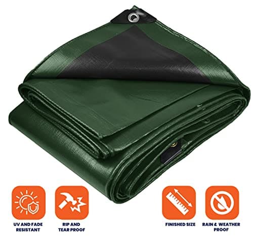 Tarpco Safety Extra Heavy Duty 14 Mil Tarp Cover, Waterproof, UV Resistant, Rip and Tear Proof, Poly Tarpaulin with Reinforced Edges for Roof, Camping, Patio, Pool, Boat (Green/Black 12′ X 20′)