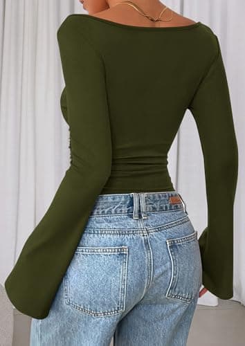 PRETTYGARDEN Womens Long Sleeve Shirts 2026 Spring Crop Going Out Tops Casual Boat Neck Bell Sleeve Ribbed Ruched Y2K Clothes (Army Green,X-Small) — view 5