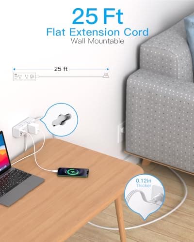25Ft Extension Cord with Multiple Outlets, Flat Plug Power Strip Surge Protector with 20 Ft Long Cord, 6 Outlet 4 USB Ports (2 USB C), Multi Outlet Wall Plug for College, Dorm Room Essentials(White)