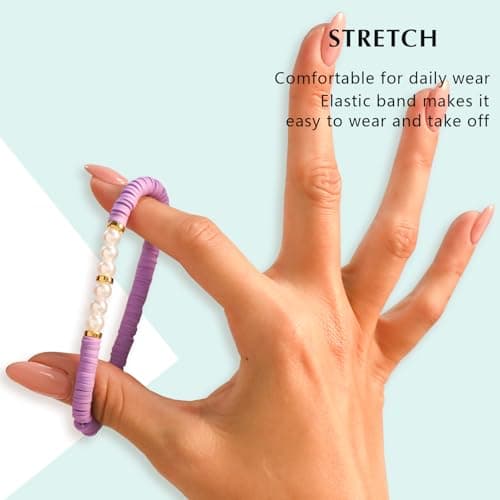 CCINPPY Friendship Bracelets Trendy Heishi Clay Bead Bracelets Stack Gold Beaded Stretch Bracelets for Women Boho Stackable Bracelets Bulk Cute Preppy Jewelry, Purple — view 3