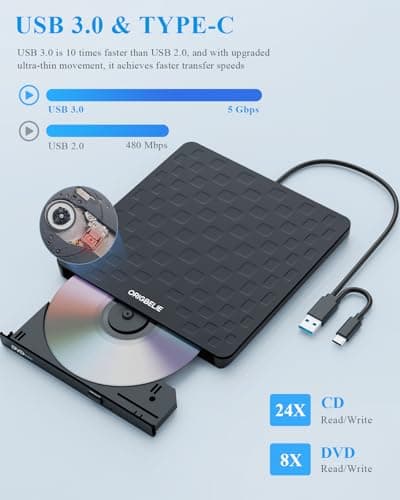 ORIGBELIE External CD DVD Drive for Laptop, USB 3.0 Type-C Ultra Slim 13mm DVD Player Portable CD DVD +/-RW Drive CD Burner Reader Writer Recorder for Desktop PC Windows 11/10/8/7 Linux Mac OS (Black) — view 3