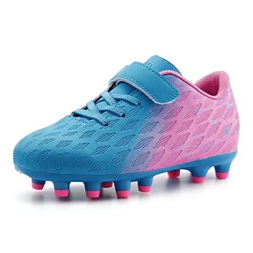 brooman Kids Firm Ground Soccer Cleats Girls Boys Athletic Football Shoes (8 JA,Blue Pink)