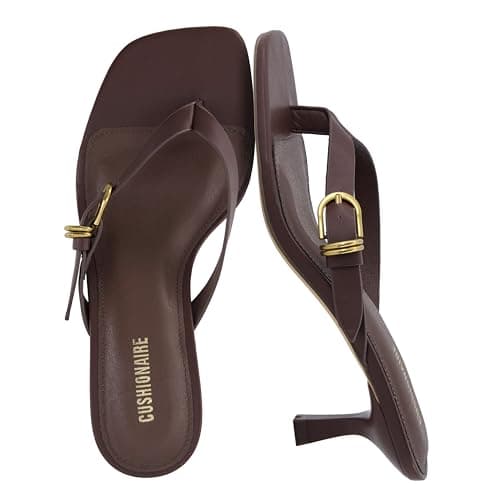 CUSHIONAIRE Marlin Low Kitten Heels for Women, Thong Style Dressy Heeled Womens Sandals with Adjustable Buckle Closure, CHOCOLATE 8