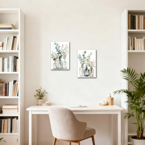 CXHOSTENT 2PCS Eucalyptus Wall Art Bathroom Floral Picture Watercolor Botanical Paintings Glass Vases Canvas Print Sage Green Leaves Poster Rustic Kitchen Decor Framed (White, 11x14inchx2 Pieces) — view 3