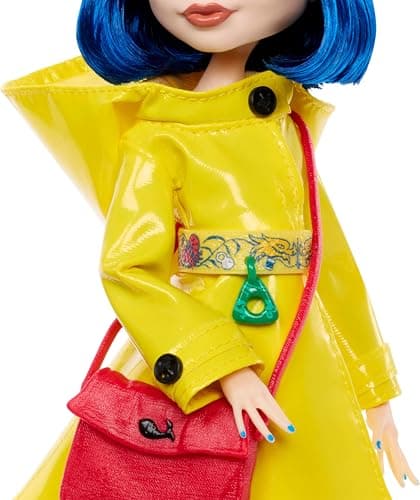 Monster High Skullector Doll, Coraline Collectible in Yellow Raincoat with Dress and Accessories Like Rag Doll, Cat Figure, and Doll Stand — view 2
