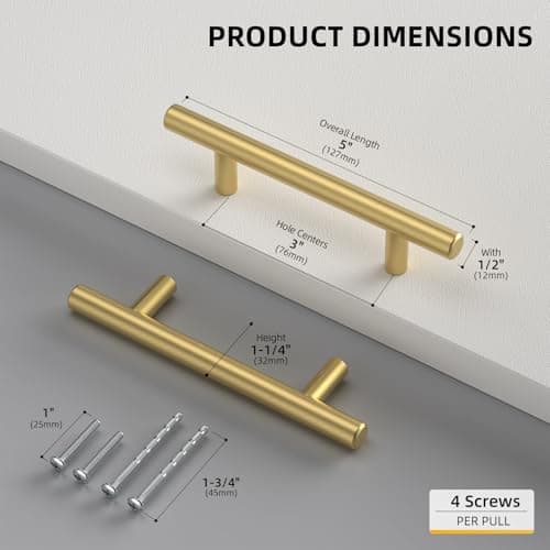 goldenwarm 5 Pack Gold Cabinet Pulls Cupboard Door Handles Brushed Brass Cabinet Pulls 3" Drawer Pulls Kitchen Cabinet Hardware Dresser Drawer Pulls Kitchen Cupboard Handles — view 2
