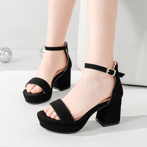 LAURMOSA Girls Dress Shoes Flower Girl Shoes Black High Heels for Kids Dress Sandals Wedding Party Dance Pageant Formal Ankle Strap Block Heels Platform Pumps Big Kids Size 3(CAL1038NuBlack 3) — view 5