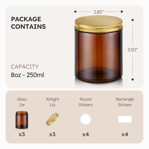 Tecohouse 8oz Amber Glass Jars with Gold Metal Lids, 3 Pack Candle Jars with Blank Labels, 250g Wide Mouth | Lotion Container for Sample, Cream, Lotion, Honey, Powder, Jelly | Home & Beauty — view 2