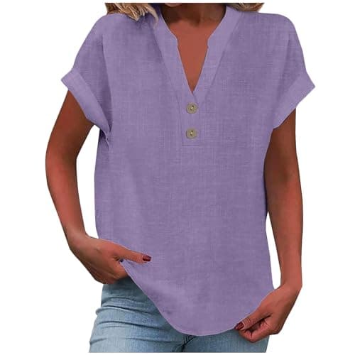 Linen Shirts for Women V Neck Button Up Shirt Short Sleeve Loose Fit Lightweight Blouses Casual Summer Beach T-Shirt Purple