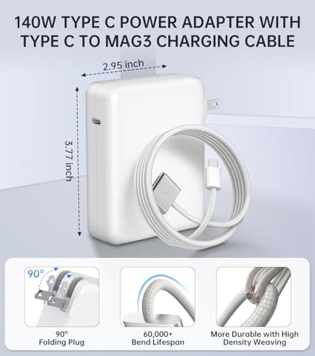 140W Charger for MacBook Pro 16/14 inch Mac Air 15/13 inch 【Original Quality】 2021-2025 M1–M4 2m/6.6FT Magnetic 3 Cable LED & Type C Fast Charger Power Adapter (Between 2021-2025) — view 5
