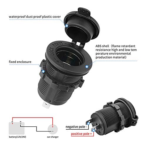 12V Car Cigarette Lighter Socket Waterproof and Dustproof plug socket for Car Truck Motobike Boats Marine ATV, with Fuse & 60cm Cable (Black-1PCS)