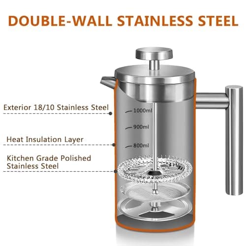 WORBIC Large French Press Coffee Maker 50oz (1.5L), 304 Stainless Steel Double Wall Insulated Coffee Press for Camping, Backpacking, Party, Travel, Gift Set, Dishwasher Safe (Silver, 6-8 Cups) — view 3