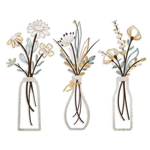 Pigort 3 Pieces Metal Flowers Wall Arts - Rustic Farmhouse Decor Beige Minimalist Flower Wall Decors for Living room Bathroom Bedroom Dining Room-Housewarming Gifts (Beige, Vase-C)