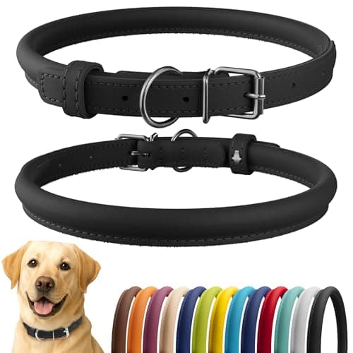 CollarDirect Rolled Leather Dog Collar, Soft Padded Round Puppy Collar, Handmade Genuine Leather Collar Dog Small Large Cat Collars (Black Smooth, 48-53 cm)