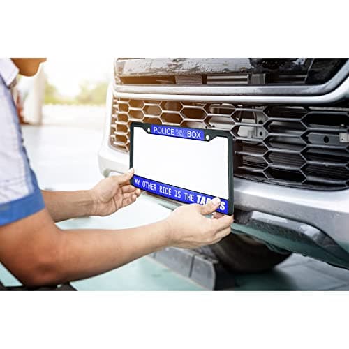 HOSNYE Police Box Police Call License Plate Frame Black 2 Pcs My Other Ride is The Tardis Blue Metal Cute Licenses Plates Frames Licenses Plate Covers Car Tag Frame for Women Men US Vehicles — view 4