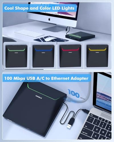 New External CD DVD Drive, Cool DVD Burner USB 3.0 with Ethernet Adapter, 3 USB and 2 TF/SD Card Ports, CD DVD Player Reader Writer Optical Disc Drive for Laptop MacBook PC Windows Linux Mac OS — view 4