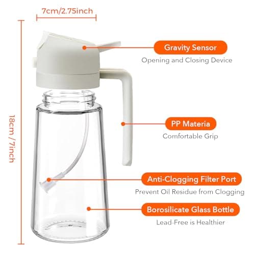 YARRAMATE 16oz/470ml Glass Olive Oil Sprayer for Cooking with Stickers, 2 in 1 Oil Dispenser for Kitchen Gadgets, Food Grade Premium Spray Bottle for Salad, Frying, BBQ (Creamy White) — view 7