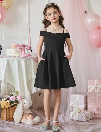 Arshiner Girls Summer Dress Off Shoulder Fold Pleated Formal Elegant A-Line Party Dresses with Pocket Black for 11-12Years Girls — view 2