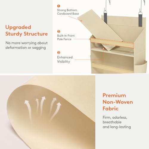 Lifewit 1 Pack Over the Door Organizer, Clear Window Hanging Storage with 4 Side Pockets, Anti Tilt 40 lbs Load Behind Door for Pantry, Nursery, Bathroom, Bedroom, Dorm, 5 Section, Beige — view 4