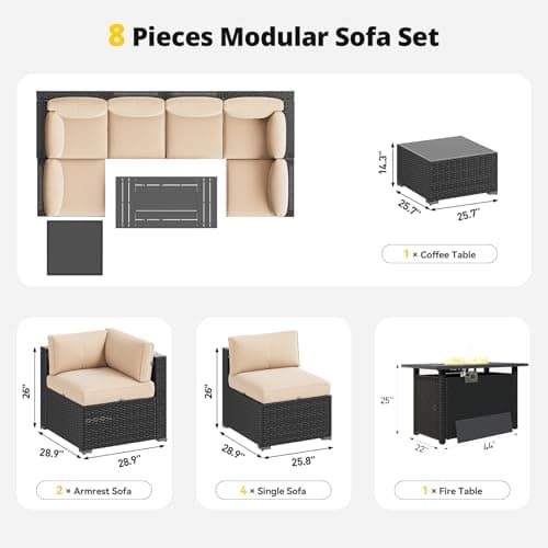 Aoxun Patio Furniture Set with Fire Pit Table, 8 Piece Outdoor Sectional Sofas, Wicker Rattan Outdoor Furniture with Thickened Cushion for Backyard, Garden Beige — view 6