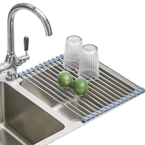 Roll Up Dish Drying Rack, Over Sink Dish Drying Rack for Kitchen Sink Counter, Stainless Steel Wire Dish Drying Rack Kitchen Rolling Dish Drainer Foldable Sink Rack Mat for Vegetables Fruits(44.5x30)