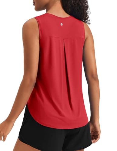 PINSPARK Women's Workout Tank Tops Back Pleat Loose Fit Sleeveless Yoga Athletic Shirts Soft UPF 50+ Cooling Running Gym Tops, Red, Medium